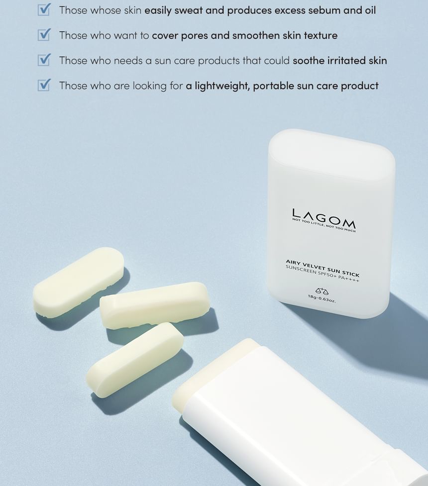 Airy Velvet Sun Stick Sunscreen Spf 50+ PA++++ - Lagom